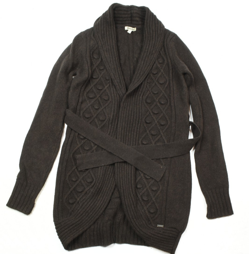 Barbour Lady Jane Cableknit Wrap Shawl Collar Cardigan Womens 10 Brown Lambswool